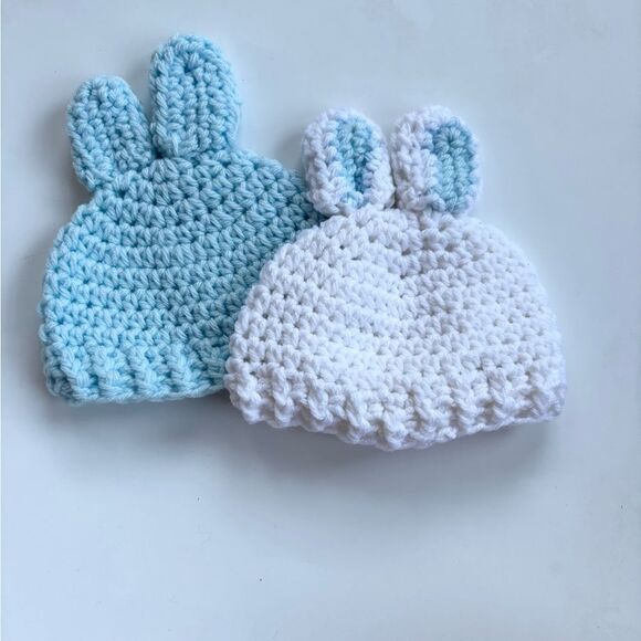 Bunny Crochet Baby Hat Set of 2 Blue 0-3 Mon - Picture 3 of 6